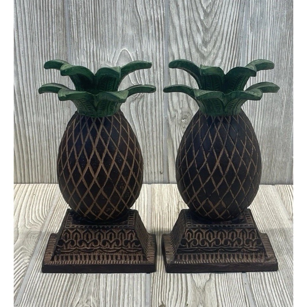 Home Interiors Pineapple Bookends Set Brown Green Tropical Resin Decor 8.5 Inch